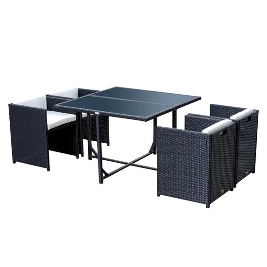 Set mobilier gradina/terasa, negru si alb, ratan sintetic, 1 masa, 4 fotolii, Angeni