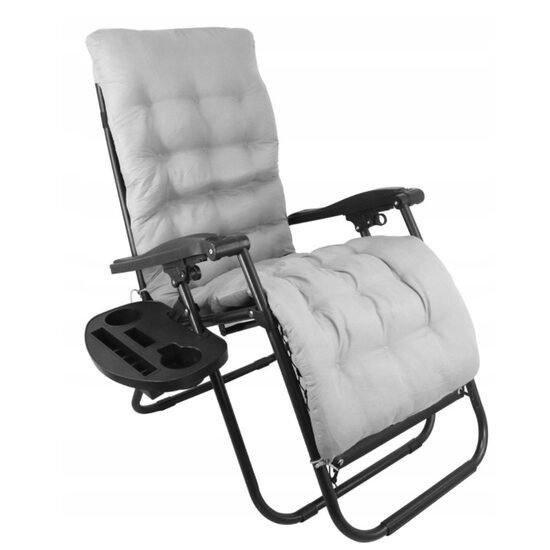 Sezlong pentru gradina, metalic, pliabil, cu perna, suport telefon, pahar/sticla, gri si negru, max 120 kg, 176x65x106 cm, Chomik