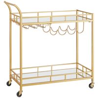 Carucior servire, raft mobil pentru bucatarie, Artool, pe roti, otel, sticla, cu suport pahare si sticle, auriu, 86x38x90 cm