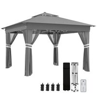 Pavilion/foisor pentru gradina/terasa, pliabil, cadru otel, material Oxford, cu perdele, iluminare LED, inaltime reglabila, gri, 336x336x250-270 cm