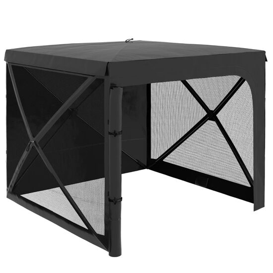 Pavilion pentru camping, cu copertina, material Oxford, cadru metalic, 4 pereti, plasa insecte, pliabil, negru, 2.44x2.10x2.13 cm