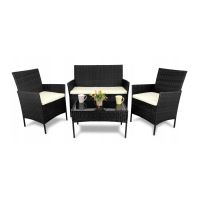 Set mobilier gradina/terasa, poliratan, negru cu perne crem, 1 masa, 2 fotolii, 1 canapea, Medi