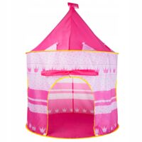 Cort de joaca pentru copii, Kruzzel, tip castel, cu husa, model buline si coronite, roz, 105x135 cm