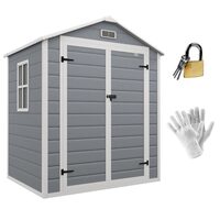 Casuta/magazie/sopron de gradina pentru depozitare unelte, aluminiu si PP, cu manusi, lacat si chei, gri, 183x134x210 cm