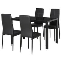 Masa pentru sufragerie/bucatarie + 4 scaune, metal, piele PU, blat sticla, negru, 120x70x75 cm
