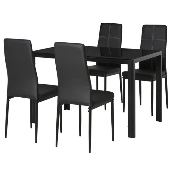 Masa pentru sufragerie/bucatarie + 4 scaune, metal, piele PU, blat sticla, negru, 120x70x75 cm