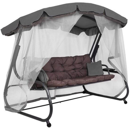 Balansoar gradina, Springos, 3 locuri, cu plasa insecte, gri si maro, 226x126x192 cm, functie pat, perne, max 260 kg, Diana