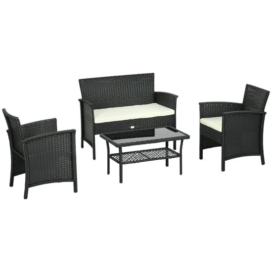 Set mobilier gradina/terasa, negru si bej, ratan sintetic, 1 masa, 2 scaune, 1 canapea, Loris