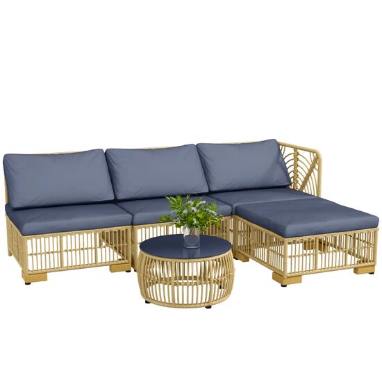 Set mobilier gradina/terasa, gri si maro, ratan sintetic, 1 masa, 1 canapea din 3 piese, 1 taburet, Posy
