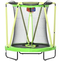 Trambulina copii 3-10 ani, 140x155 cm, cu plasa protectie, cos de baschet, 20 bile colorate, verde si galben, max 50 kg