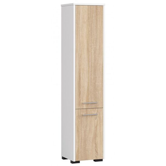 Dulap baie, placa laminata, 5 rafturi, 2 usi, alb si stejar Sonoma, 30x30x140 cm