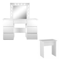 Masa de toaleta/machiaj + Taburet, alb, cu oglinda si LED-uri, Vanessa, 130x43x143 cm