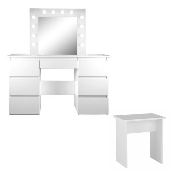 Masa de toaleta/machiaj + Taburet, alb, cu oglinda si LED-uri, Vanessa, 130x43x143 cm