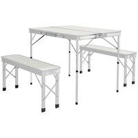 Set mobilier gradina/camping, pliabil, 1 masa, 2 banci, MDF si aluminiu, alb, 90 cm, Frankfurt