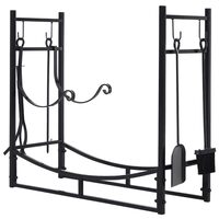 Suport lemne semineu pentru interior/exterior, metalic, negru, cu 4 accesorii, 2 carlige detasabile, 84x33x76 cm