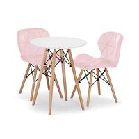 Set masa rotunda stil scandinav + 2 scaune Lago catifea, Artool, MDF si lemn, alb si roz, 60x72 cm