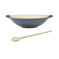 Vas de fonta tip Wok, emailat, 35.5x11 cm, cu lingura de lemn, Perfect Home