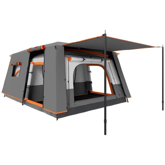 Cort camping, 4-6 persoane, impermeabil, cu vestibul, geanta, gri si portocaliu, 430x305x195 cm