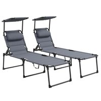 Set 2 sezlonguri pentru gradina, structura otel, cu spatar reglabil, parasolar, gri, 70x200x70-96 cm