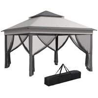 Pavilion/foisor pentru gradina/terasa, pliabil, cu inaltime ajustabila, material Oxford, cadru otel, plasa insecte, geanta, gri, 3.25x3.25x2.72 m