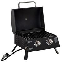 Gratar camping, grill dreptunghiular, cu gaz, 2 arzatoare, capac, termometru, 55x46.5x41 cm