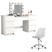 Masa de toaleta/machiaj + scaun Alba, alb, cu oglinda si LED-uri, Silvia, 155x42x135 cm