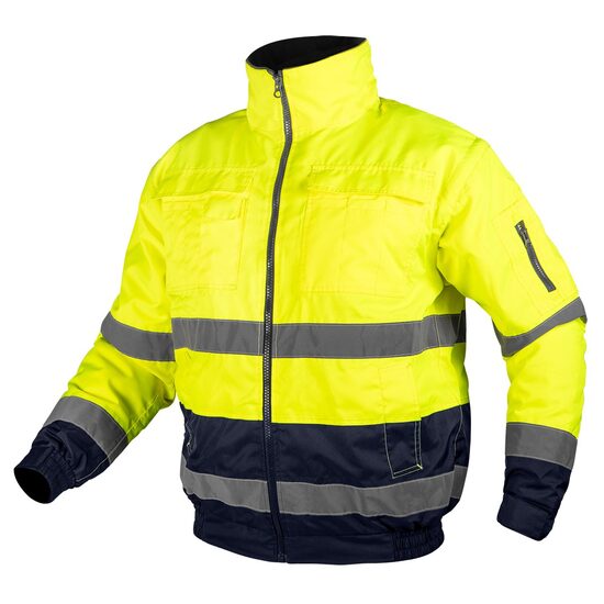 Geaca de lucru, convertibila in vesta, 3 in 1, maneci detasabile, reflectorizanta, poliester Oxford, galben si bleumarin, model Hi-Vis, marimea XL/54, NEO