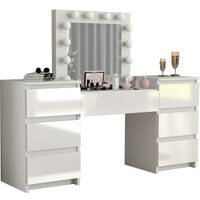 Masa de toaleta/machiaj, alba, sertare lucioase, cu oglinda si LED-uri, Antonia, 155x42x135 cm