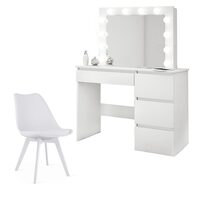 Set masa de toaleta/machiaj Irina + scaun Mark, alb, cu oglinda si LED-uri, 94x43x141 cm