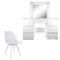 Set masa de toaleta/machiaj Vanessa + scaun Mark, alb, cu oglinda si LED-uri, 130x43x143 cm
