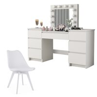 Set masa de toaleta/machiaj Antonia + scaun Mark, alb, cu oglinda si LED-uri, 155x42x135 cm