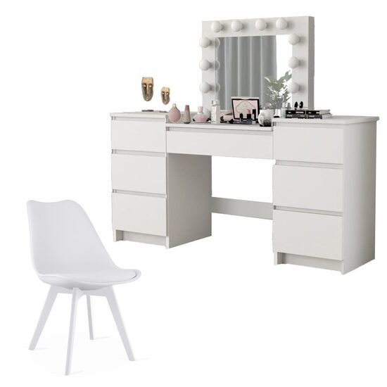 Set masa de toaleta/machiaj Antonia + scaun Mark, alb, cu oglinda si LED-uri, 155x42x135 cm