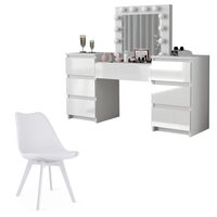 Set masa de toaleta/machiaj Antonia + scaun Mark, alb, sertare lucioase, cu oglinda si LED-uri, 155x42x135 cm