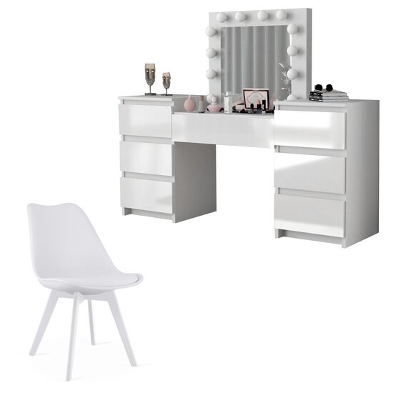 Set masa de toaleta/machiaj Antonia + scaun Mark, alb, sertare lucioase, cu oglinda si LED-uri, 155x42x135 cm