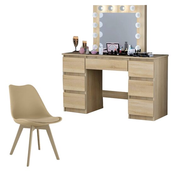Set masa de toaleta/machiaj Vanessa + scaun Mark,  stejar, cu oglinda si LED-uri, 130x43x143 cm
