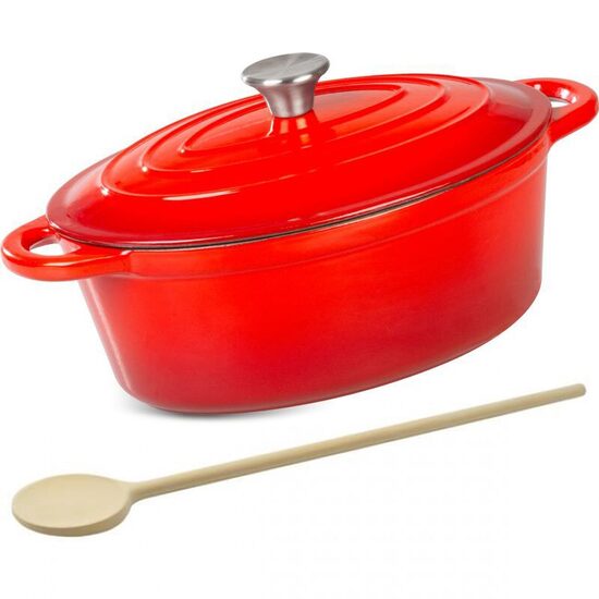 Oala de fonta emailata cu capac, ovala, maner din inox, lingura de lemn, rosie, 4.4 L, Magic Home