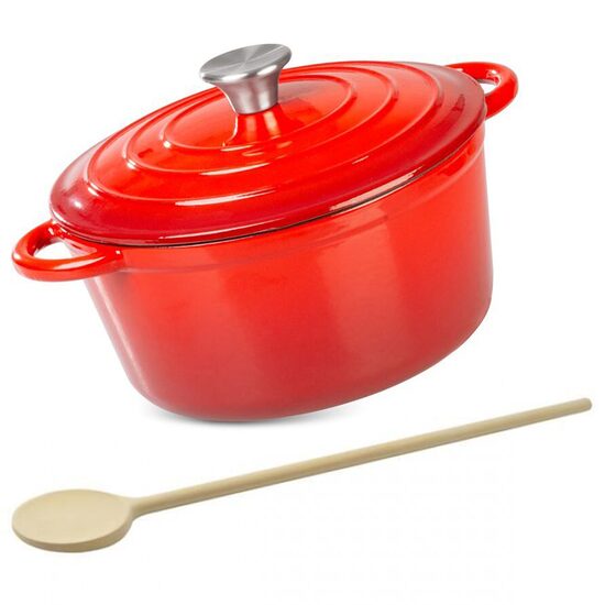 Oala de fonta emailata cu capac, maner din inox, lingura de lemn, rosie, 4 L, Magic Home