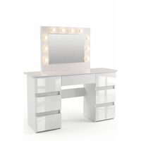 Masa de toaleta/machiaj, Vanessa, alba, sertare lucioase, cu oglinda si LED-uri, 130x43x143 cm