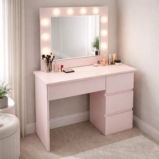 Masa de toaleta/machiaj, Irina, roz, cu oglinda si LED-uri, 94x43x141 cm