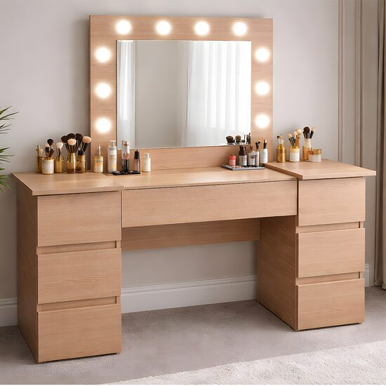 Masa de toaleta/machiaj, Antonia, stejar, cu oglinda si LED-uri, 155x42x135 cm