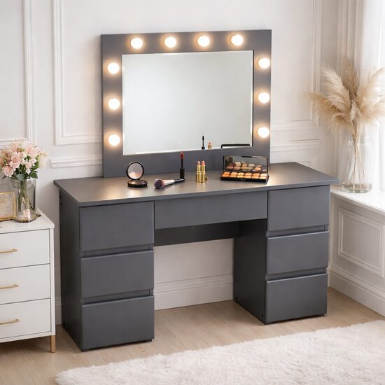 Masa de toaleta/machiaj, Vanessa, antracit, cu oglinda si LED-uri, 130x43x143 cm