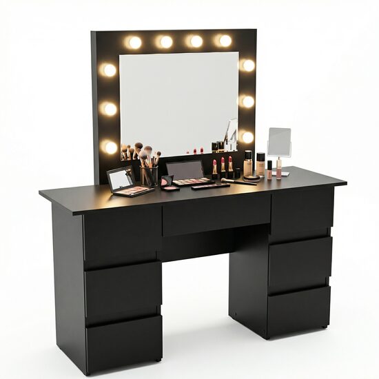 Masa de toaleta/machiaj, Vanessa, negru, cu oglinda si LED-uri, 130x43x143 cm