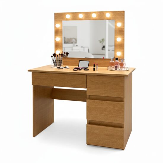 Masa de toaleta/machiaj, Irina, stejar, cu oglinda si LED-uri, 94x43x141 cm