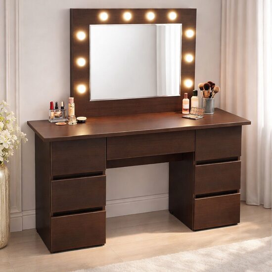 Masa de toaleta/machiaj, Vanessa, wenge, cu oglinda si LED-uri, 130x43x143 cm