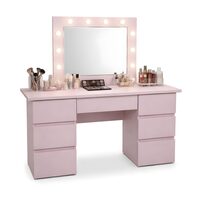 Masa de toaleta/machiaj, Vanessa, roz, cu oglinda si LED-uri, 130x43x143 cm