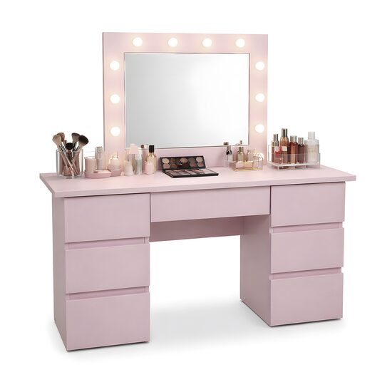 Masa de toaleta/machiaj, Vanessa, roz, cu oglinda si LED-uri, 130x43x143 cm