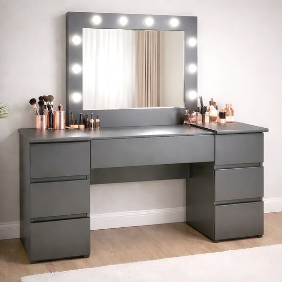 Masa de toaleta/machiaj, Antonia, antracit, cu oglinda si LED-uri, 155x42x135 cm