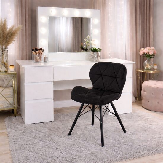 Masa de toaleta/machiaj, Antonia, alba + scaun Lago, negru, cu oglinda si LED-uri, 155x42x135 cm