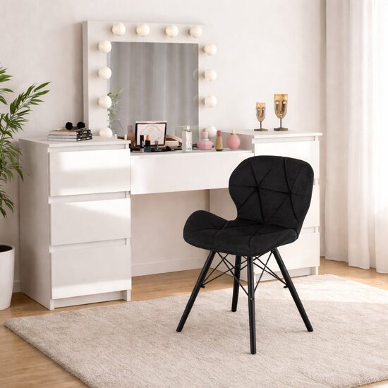 Masa de toaleta/machiaj, Antonia, alba, sertare lucioase + scaun Lago, negru, cu oglinda si LED-uri, 155x42x135 cm