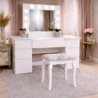 Masa de toaleta/machiaj, Antonia + taburet Vintage, alb, cu oglinda si LED-uri, 155x42x135 cm